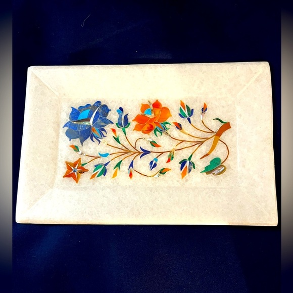 Vintage Serving Tray Marble Stone 4.5” x 7” Pietra Dura Gemstone Inlay - Picture 1 of 1